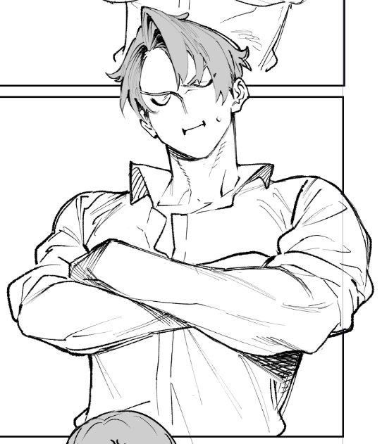 a black and white line drawing of an anime boy with his arms crossed in front of him. he has short, spiky, dark hair and his eyes are closed. his face is angled towards the side of the image. he is wearing a collared shirt with the sleeves rolled up. the drawing is simple, with minimal detail and shading.  the boy appears to be serious or tired.