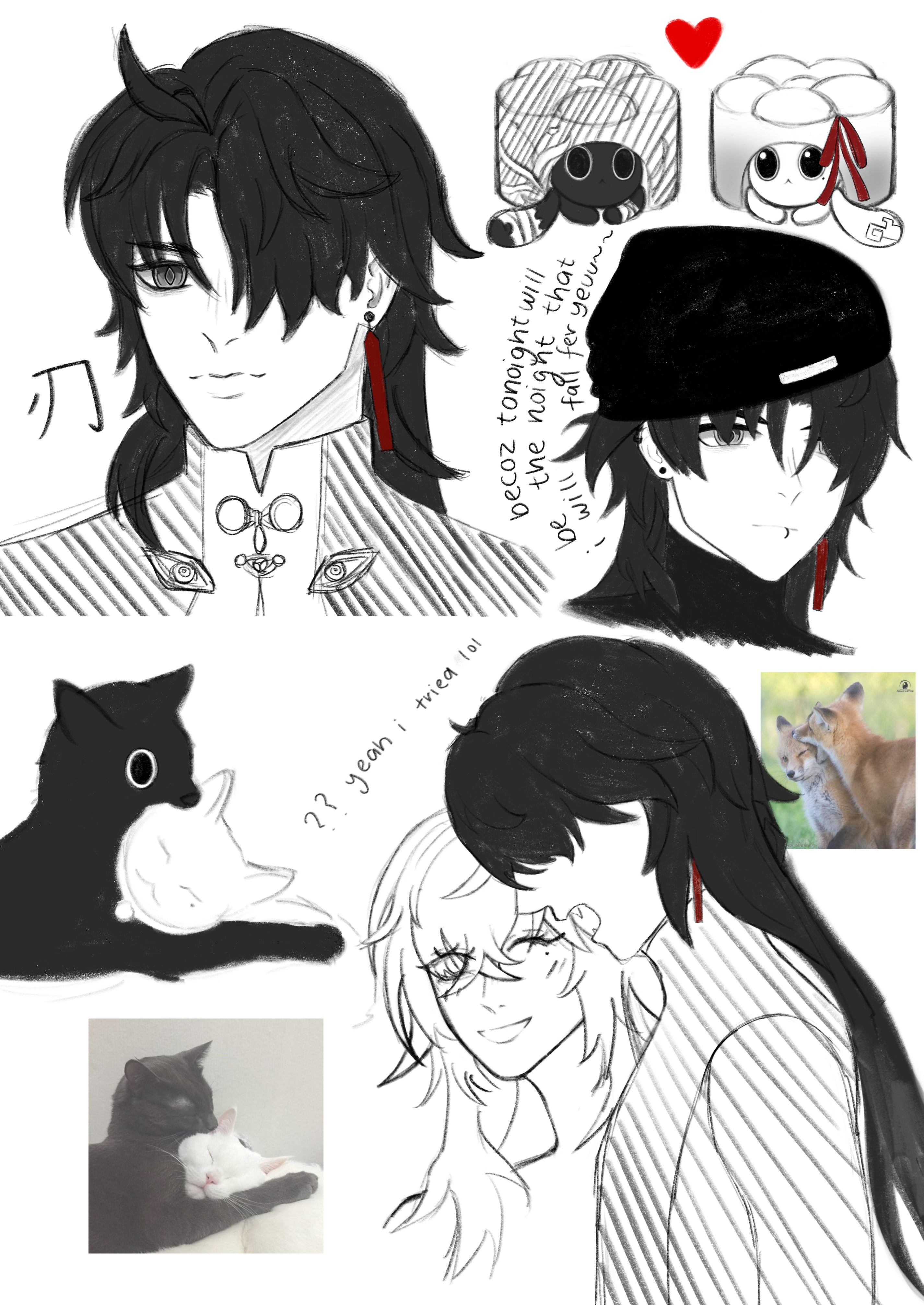 he image contains multiple sketches and doodles.  there are several character portraits in an anime/manga style, both male and female. one male character has long black hair and is wearing traditionallooking clothing. another male character is wearing a beanie. there is also a sketch of a couple, one with long black hair embracing the other with light hair. several sketches of cats are included, both black and white.  there are also doodles of mooncakes and a small chibistyle character associated with the mooncakes, suggesting a midautumn festival theme.  some text is included, seemingly dialogue bubbles or captions.  the overall style is loose and expressive.