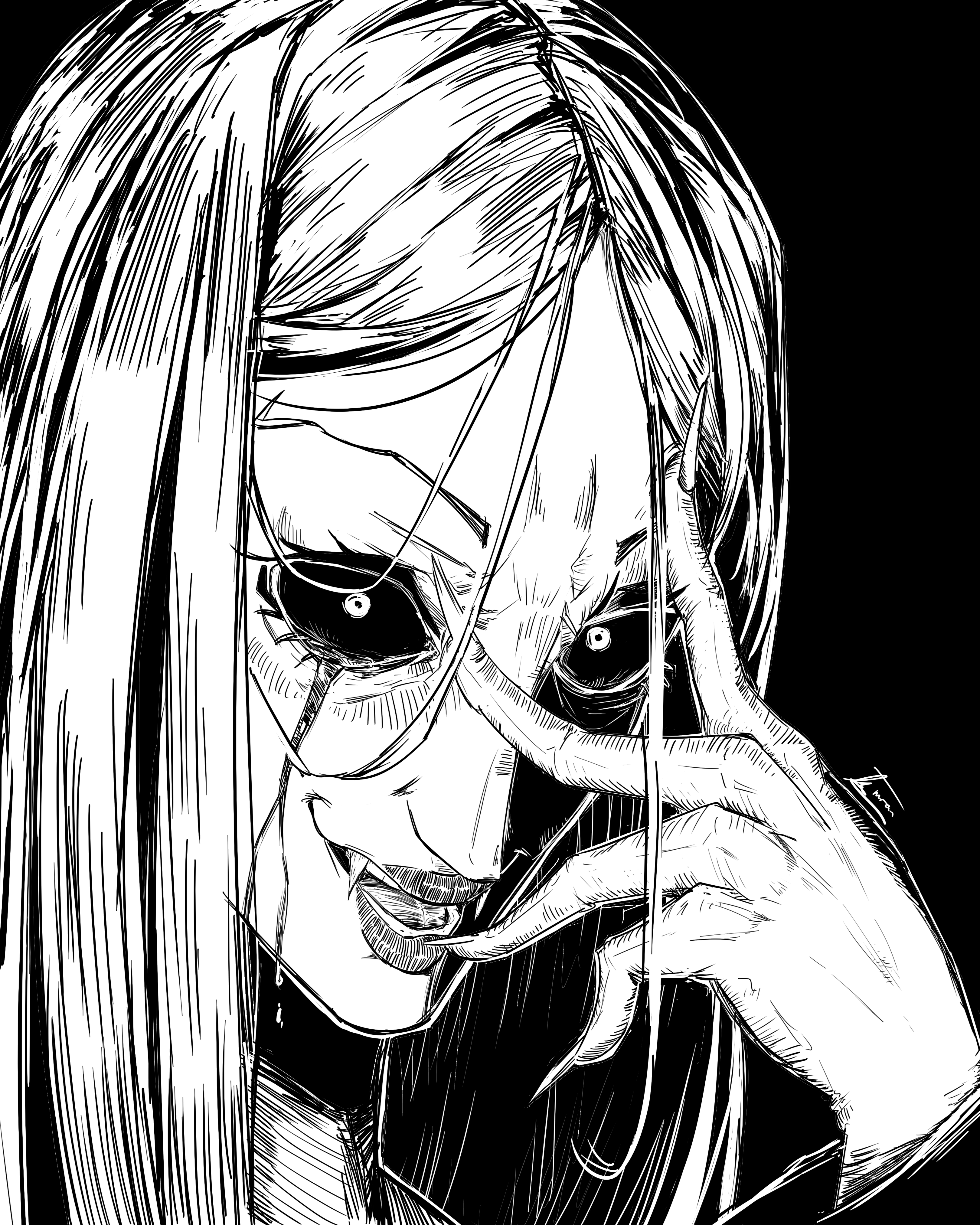 a black and white illustration of a woman with long hair covering most of her face. she is looking directly at the viewer with a sinister smile and her hand covering one eye. the woman has dark, piercing eyes and her mouth is slightly open, revealing sharp teeth. the image is dark and ominous, creating a sense of fear and unease.