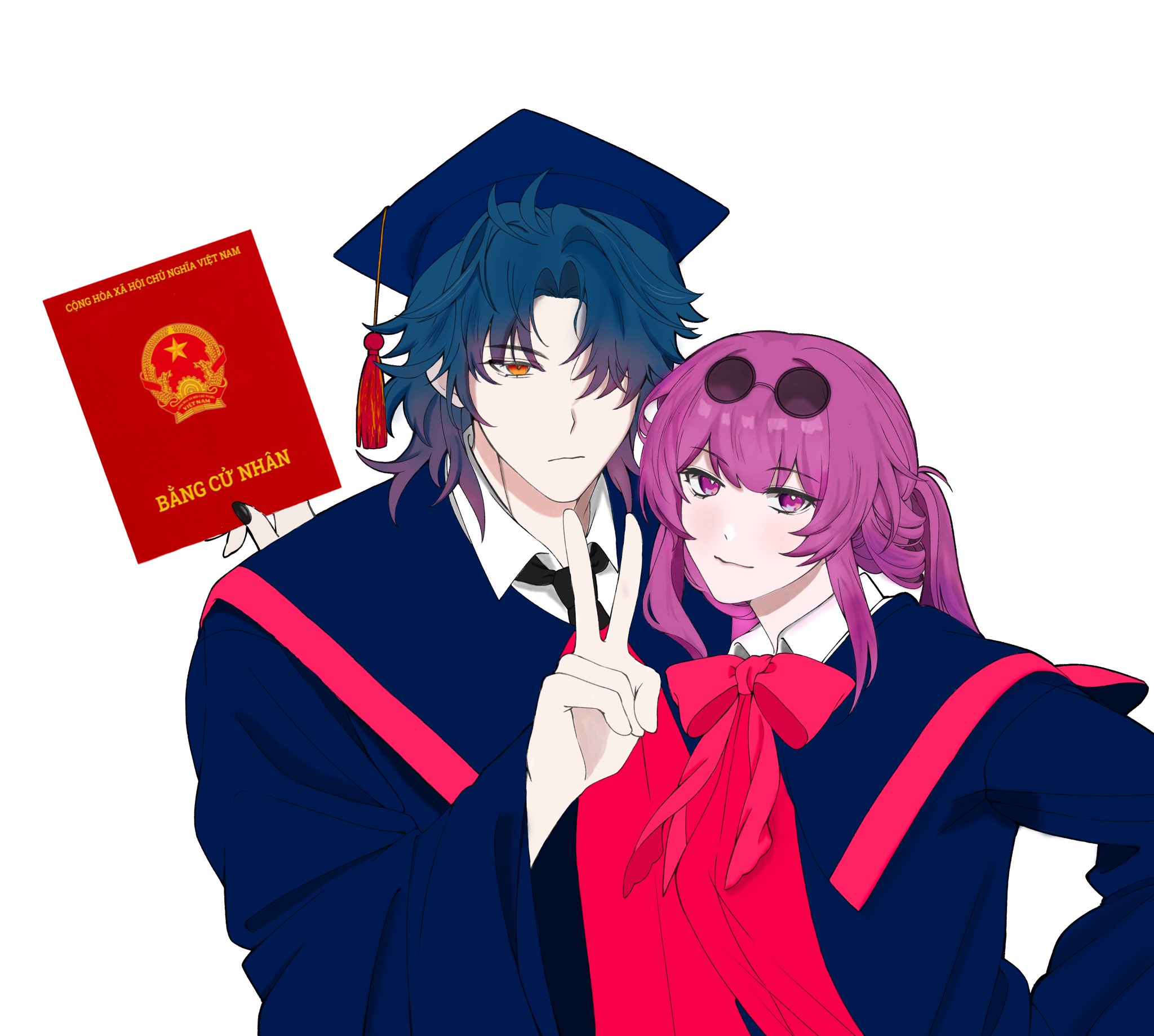 this anime illustration features a male and female couple in graduation gowns and caps. the male is holding a red diploma, while the female is smiling. they both seem to be very happy and proud of their accomplishment. the illustration is filled with vibrant colors and a sense of joy, making it a perfect depiction of a happy graduation day.