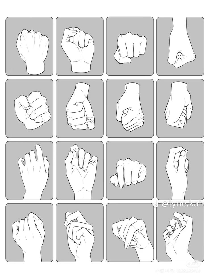 the image shows a collection of 16 different hand poses rendered in a line drawing style. each pose is contained within a separate gray square. the poses include closed fists, partially open hands, and hands with bent fingers, offering a variety of reference points for artists.