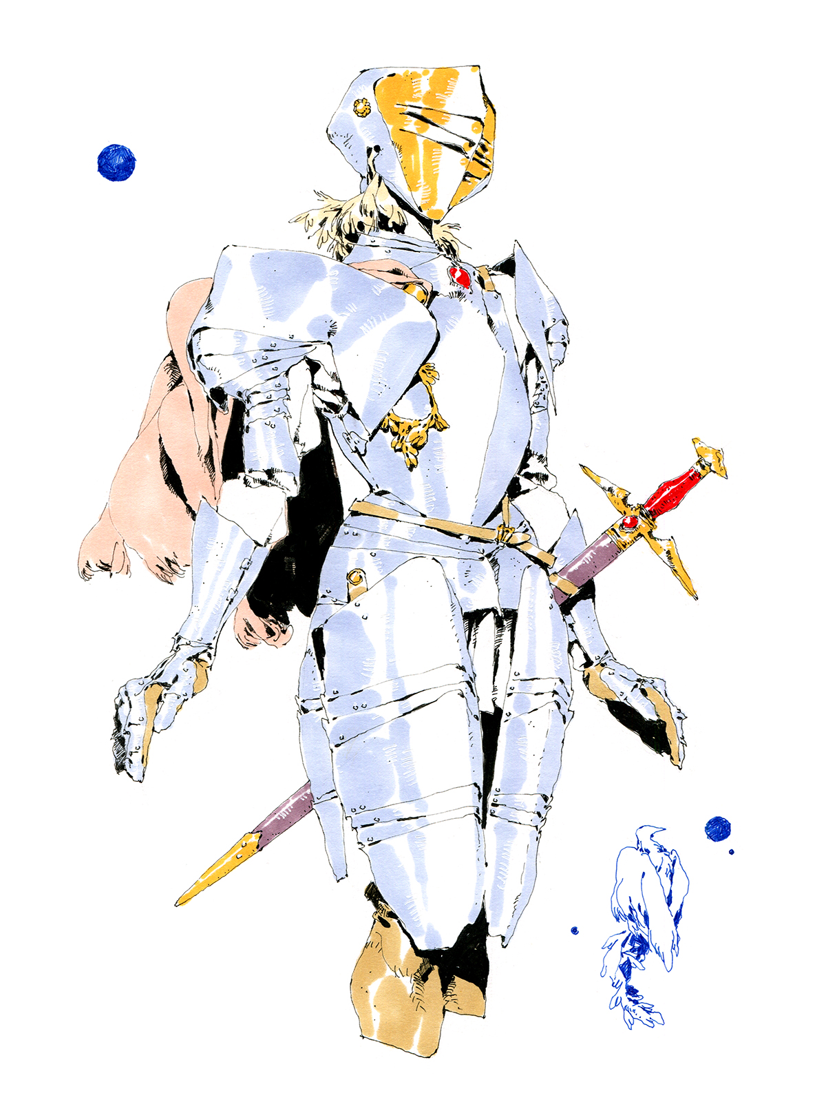 the image depicts a knight clad in ornate, white and gold armor. they stand against a white background, holding a sword with a golden hilt. their helmet fully encases their head, featuring a red gem on the chest plate. the style of the illustration is loose and expressive, utilizing watercolorlike techniques. abstract blue elements, including a bird, decorate the space around the knight.