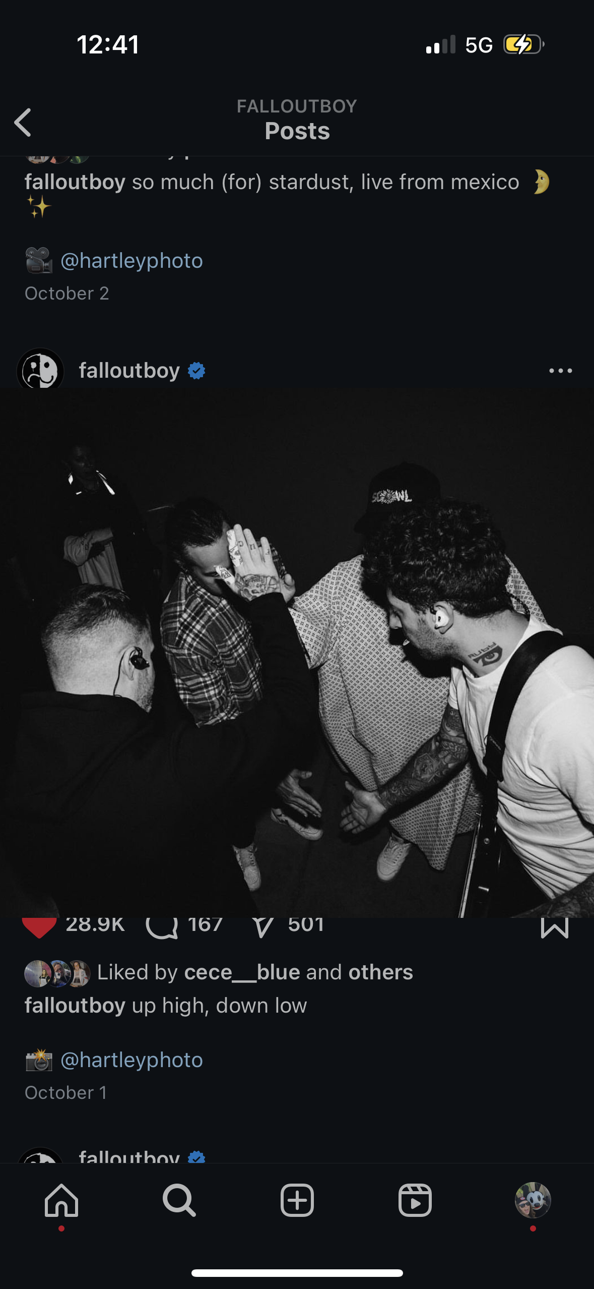 this is a screenshot from the social media app twitter. the image shows a post from the official account of the band, "fall out boy", showcasing the band members in the middle of a concert. the caption says "falloutboy so much (for) stardust, live from mexico" which suggests this is a picture from their recent concert in mexico.  it also mentions the account "@hartleyphoto" which likely took this photo. the bottom of the screen shows the number of likes, retweets, and replies the post has received, and a few other buttons for navigation.