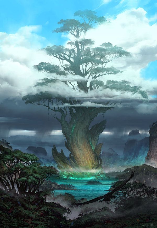 the image is a digital artwork depicting a large, fantastical tree dominating a landscape. the tree's massive trunk rises from a lake surrounded by a lush forest and mountains in the background. its branches extend high into the sky, partially obscured by clouds. light emanates from the base of the tree, creating a mystical atmosphere. a bird with outstretched wings is flying above the lake. the overall scene evokes a sense of serenity and fantasy.