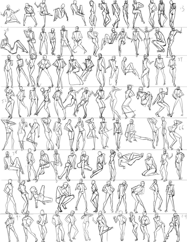 a page filled with numerous small sketches of the human figure in various poses, drawn in a loose and expressive style.  the sketches focus on capturing gesture and form rather than detail, using simple lines and shapes to represent the body in motion.