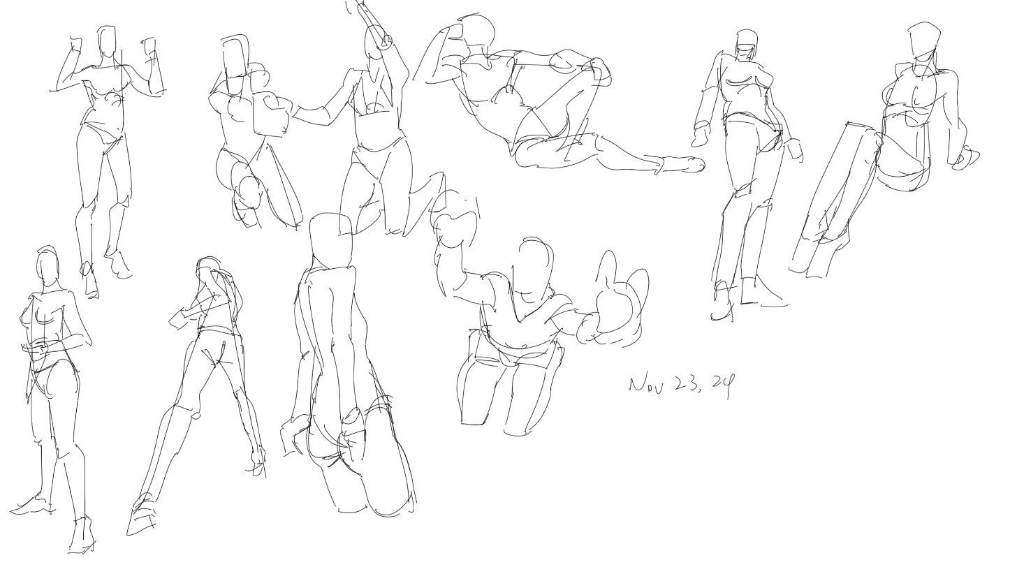 he image contains a collection of quick figure sketches, likely gesture drawings done on november 23, 2024. the sketches are line drawings, showing various poses and actions of human figures. the style is loose and expressive, capturing movement and form with minimal detail. the figures are mostly female, with various levels of clothing or nudity.  the drawings range in complexity and detail, some more fully realized than others.  the overall impression is one of spontaneous, dynamic movement and energy.