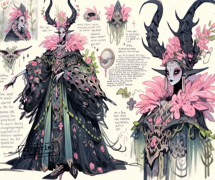 the image is a character design sketch featuring a fantasy creature with large, stylized horns, surrounded by pink flowers. the creature is wearing a detailed robe with floral patterns and is depicted with notes and annotations around the main figure, suggesting the design process. the style is reminiscent of concept art for a fantasy game or illustration. there are additional small sketches and notes on the sides.