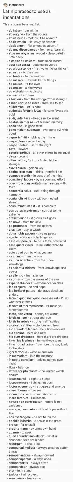a list of latin phrases with their english translations, suggested for use as incantations.