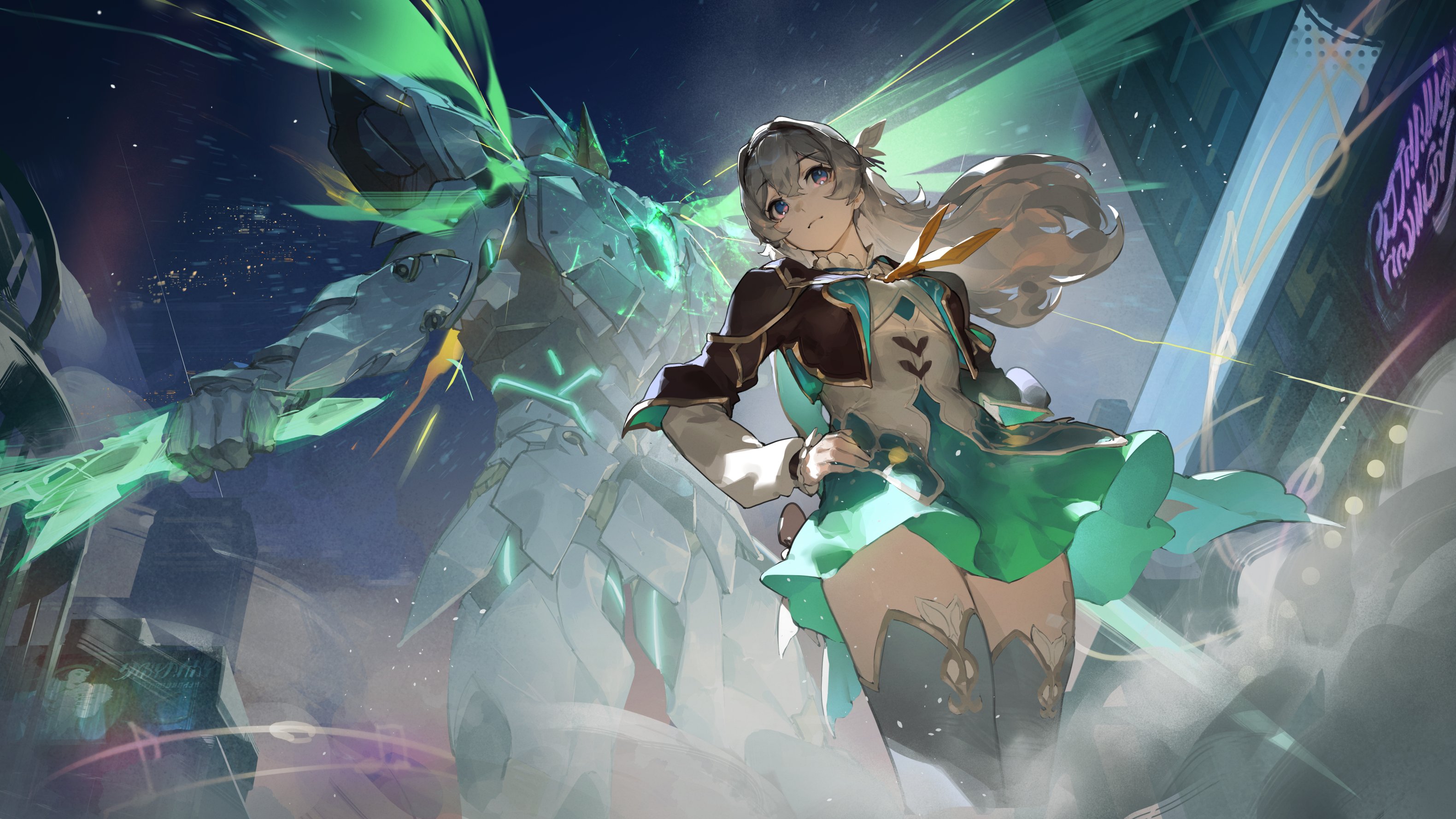 the image features a young woman in a dynamic pose with a giant robot behind her. the woman has long, flowing white hair and is wearing a green and white outfit. the robot is white and green, with glowing green accents. they are in a futuristic city at night, with bright lights and a dynamic atmosphere. the lighting is ethereal and glowing, highlighting the characters and their surroundings. the perspective is low angle, giving a sense of grandeur and power.