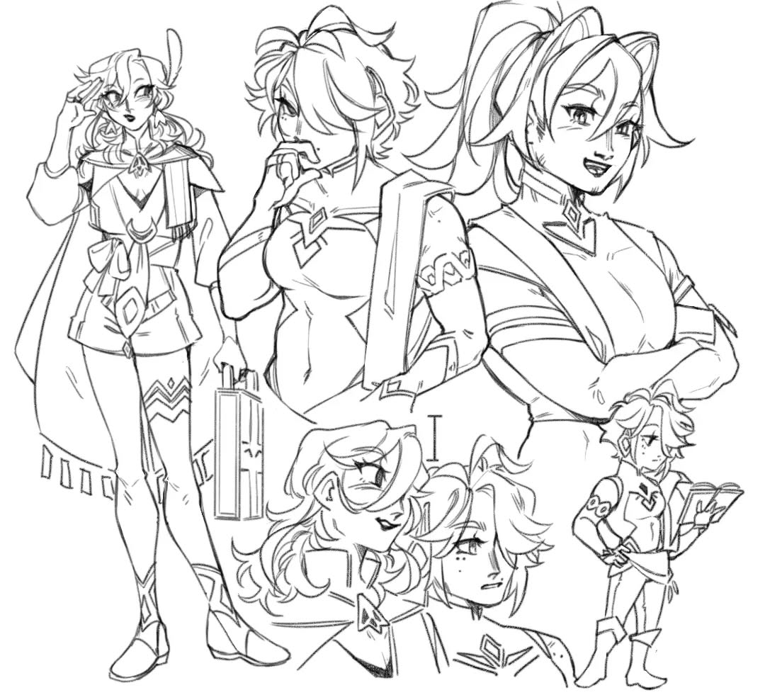 the image contains a collection of line art sketches depicting several female characters.  the style is reminiscent of anime or manga, with distinct character designs, varied hairstyles (including long hair and a ponytail), and expressive poses.  some characters appear older and more mature, while others are younger. the characters are wearing a variety of fantasyinspired outfits and accessories. one character is holding a book. the overall style is light, casual, and expressive, showcasing a range of poses and expressions. the drawing appears to be a collection of character concepts or character studies.