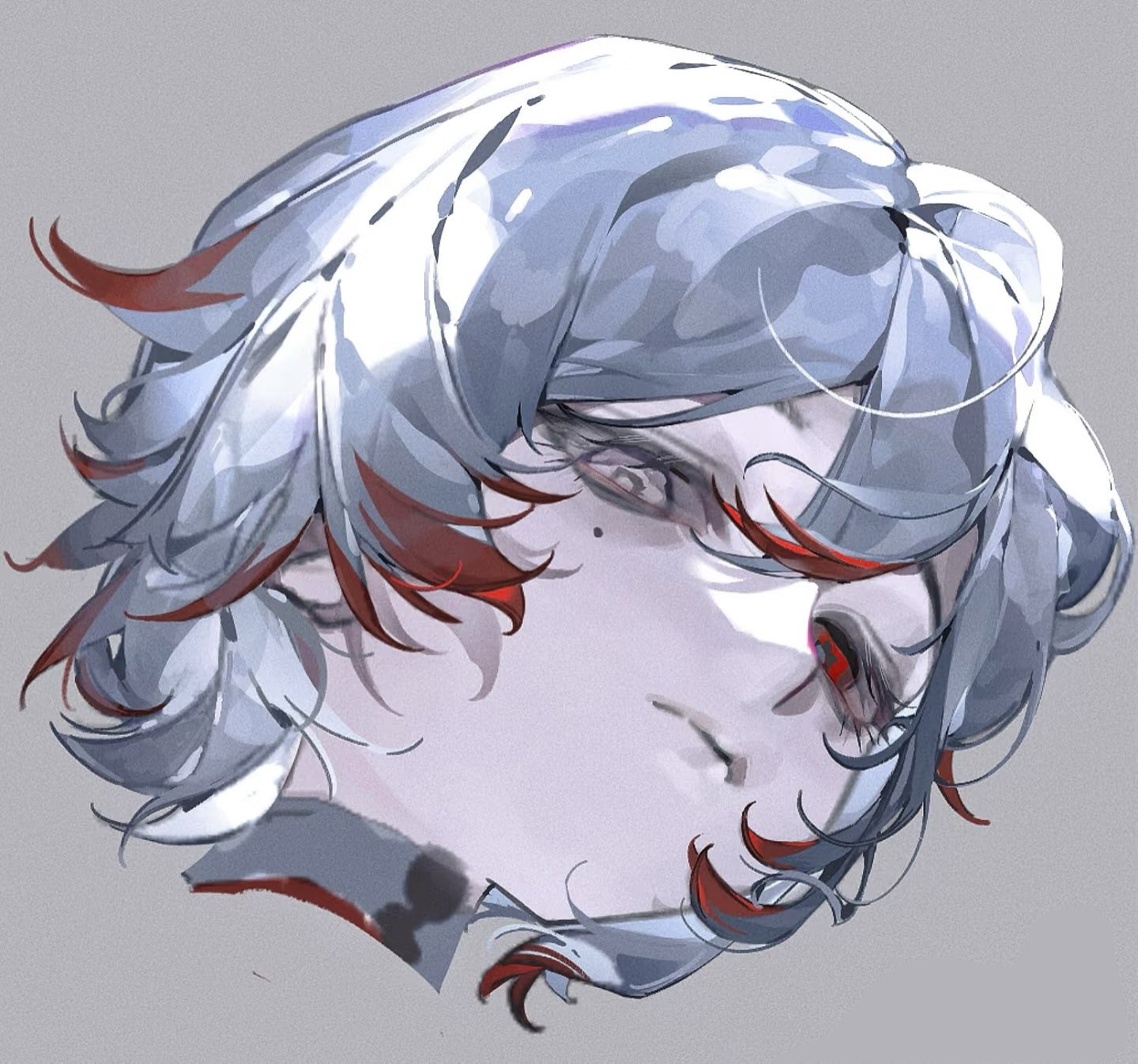 the image is a digital art portrait of a male character with short, wavy white hair that has red tips. he has red eyes and a pale complexion. the style is painterly with strong highlights and shadows, giving it a dynamic and artistic feel.