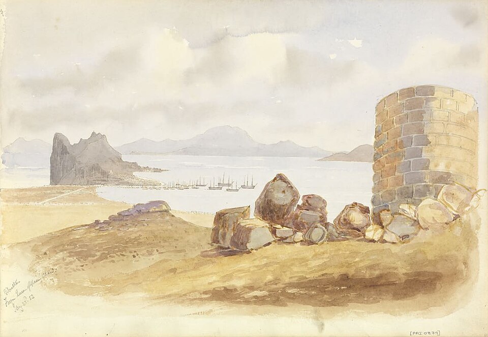 a watercolor painting depicts a coastal landscape with a prominent rock formation on the left, a calm sea with boats in a harbor, and the ruins of a round tower in the foreground. the sky is filled with soft clouds, and the scene is bathed in muted earth tones. the painting evokes a sense of history and tranquility, possibly depicting gibraltar in the 19th century.