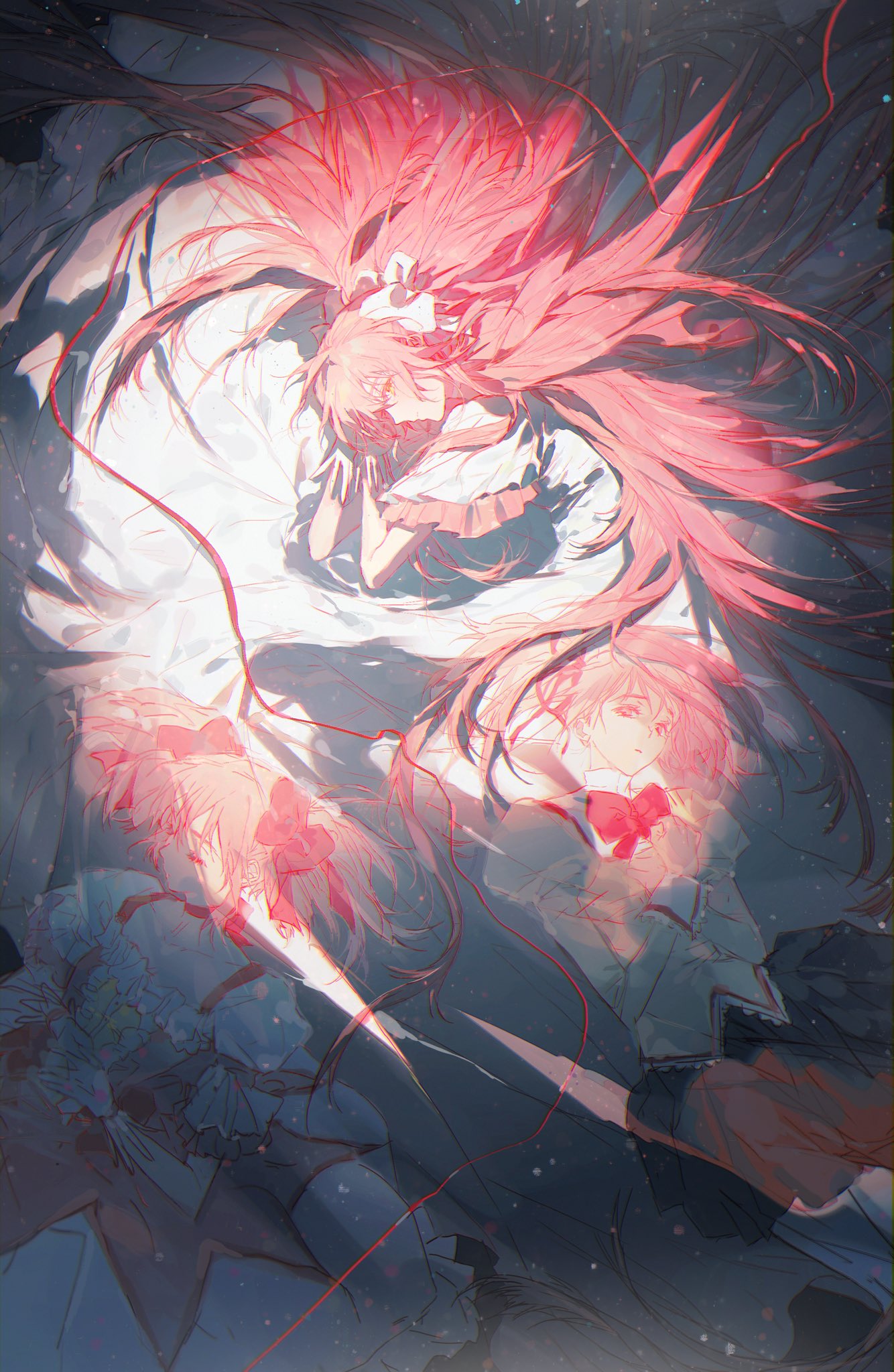 the image is a digital art piece depicting three anime girls, in a style similar to magical girls. the three girls are laying on a white sheet with a red string connecting all of them. the top girl has pink hair and is wearing a white dress with a red bow. the middle girl is only visible from the chest up and has long pink hair and a red bow. the bottom girl is only visible from the waist up and has pink hair and a red bow. the image has a soft, ethereal feel and the girls seem to be lost in their dreams. the image is very detailed and the colors are wellbalanced. the background is a soft blur of blue and pink. overall, this is a stunning piece of art that is sure to capture the imagination.