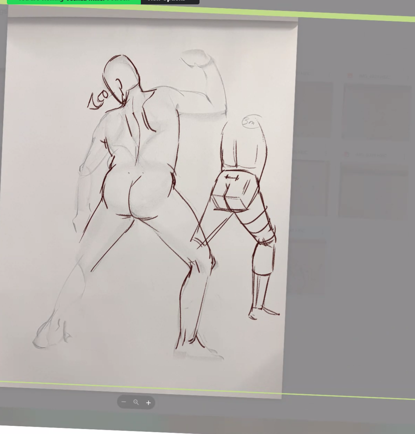 a line drawing of two figures, one standing and one sitting. the figures are drawn in a gestural style with brown ink on white paper. the standing figure is facing away from the viewer, while the seated figure is facing the viewer. the figures are drawn in a simple style, with minimal detail.