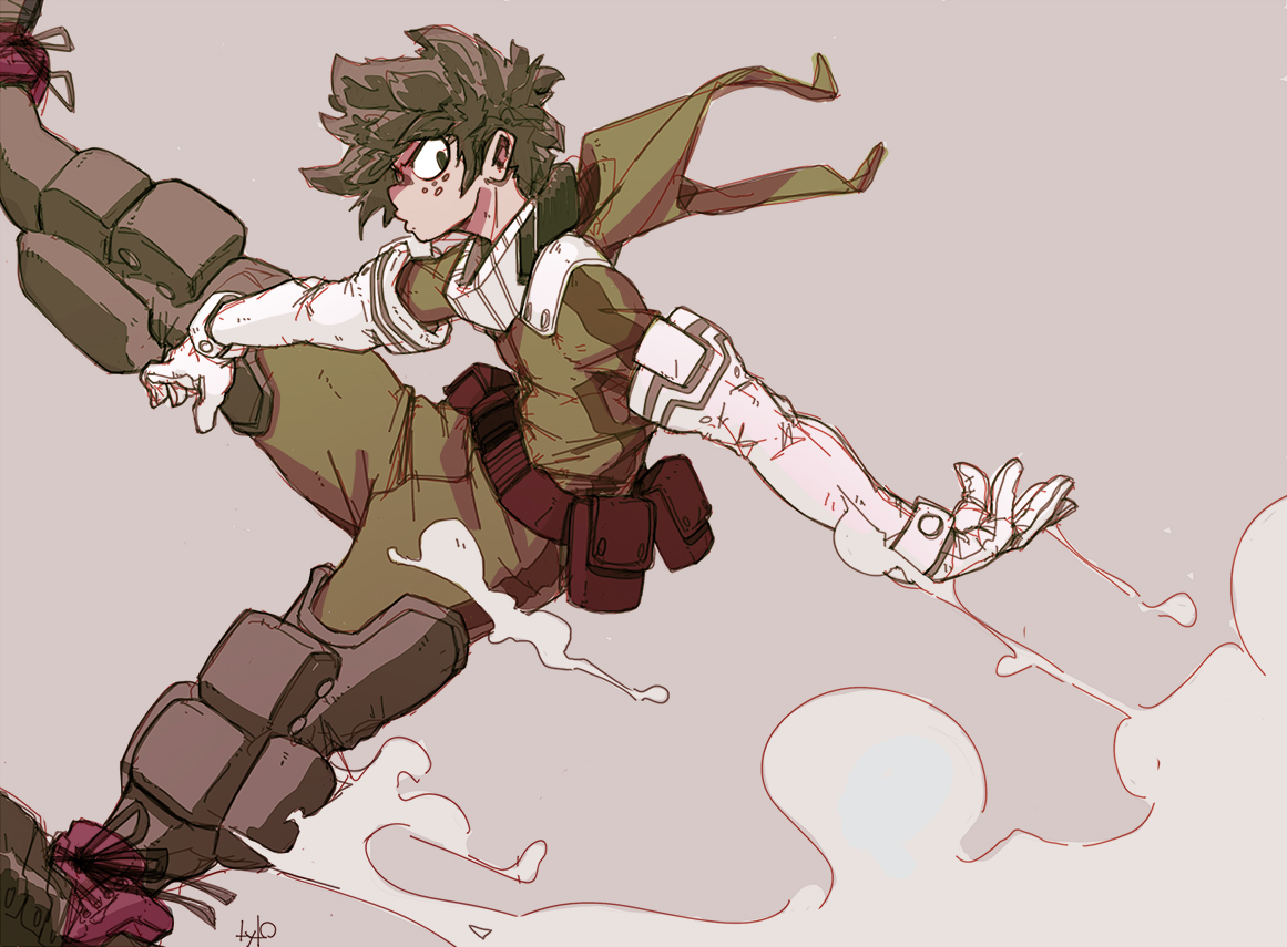this is an illustration of a young boy from an anime in a fighting pose.  he has green hair and green eyes and is wearing a white suit with brown pants and boots. he has a brown belt and gloves,  and is in the middle of using his power, which is represented by smoke. he is drawn in a dynamic pose that suggests he is in the middle of an intense fight.  the art style is reminiscent of manga and anime, with exaggerated proportions and features. the illustration is created in a digital style, giving it a smooth and clean finish.