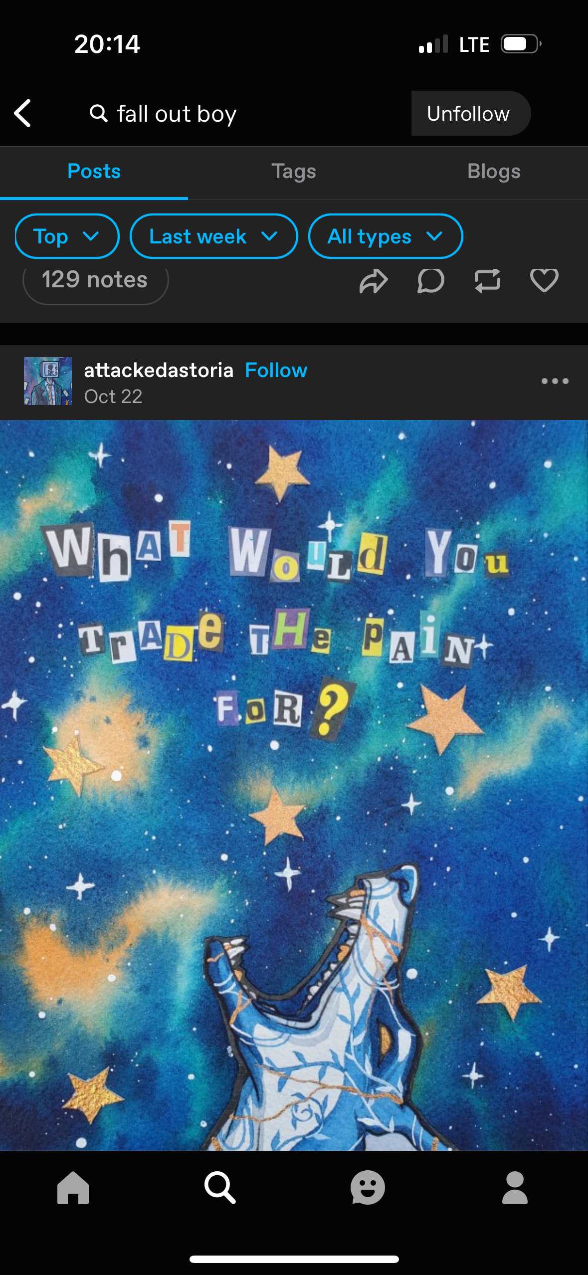 this is a painting of a deep blue galaxy background with gold stars scattered throughout. in the center of the painting is a creature with a large, open maw with the words "what would you trade the pain for?" written above it. the words are made up of cut out magazine letters, with a question mark. the image evokes a sense of wonder and reflection, inspiring the viewer to consider the true cost of pain.