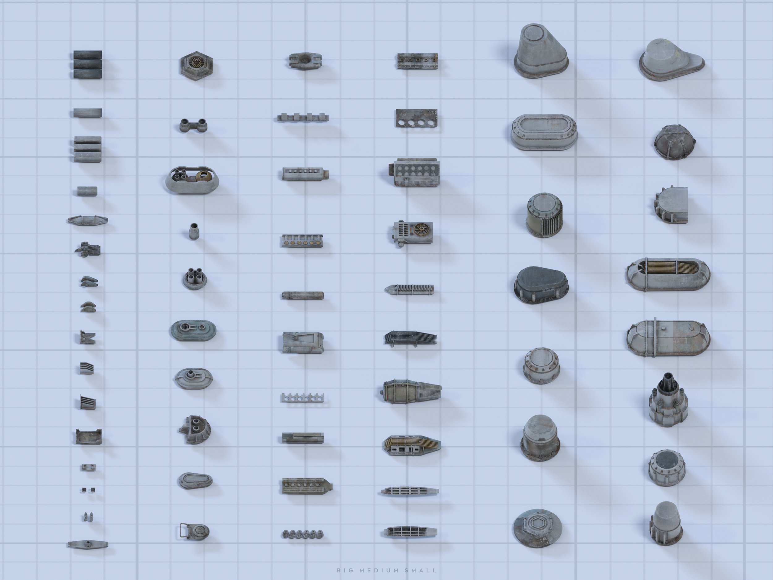 the image displays a collection of 3drendered spaceship or spacecraft parts arranged in a grid pattern on a light blue gridded background. the parts vary in size and shape, showing a range of potential mechanical components, engines, and structural elements.  the parts are primarily metallic grey.  the size of the components is indicated by the words "big medium small" at the bottom of the grid.  the isometric viewpoint allows for clear visualization of the parts' threedimensional forms and details.