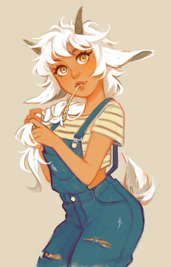 a goat girl with long white hair is wearing a striped shirt and blue overalls. she is biting on a piece of wheat straw. the background is a pale yellow.