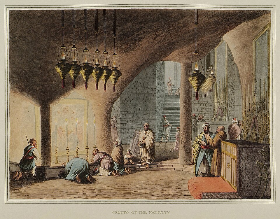 the image depicts the grotto of the nativity in bethlehem, showing pilgrims engaged in religious devotion. people are praying, some kneeling before a shrine with candles, while others stand and observe. the scene is lit by hanging oil lamps. stone walls and stairs are visible in the background. the artwork captures the spiritual and historical significance of the site.