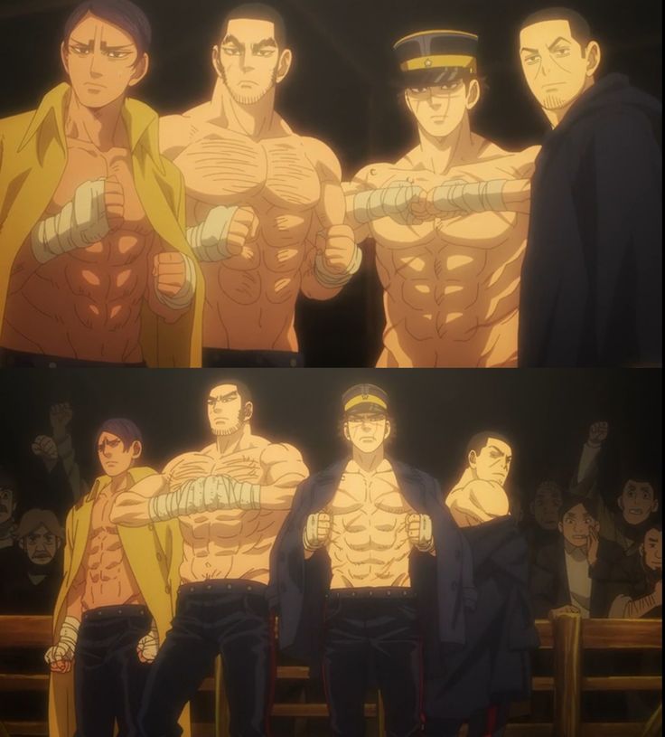 the image shows a group of four muscular men in a boxing ring, illuminated by spotlights. they appear to be a team, prepared for a fight, and exude intensity and determination. the top image shows them from the chest up against a dark background, while the bottom image reveals a cheering crowd in the background.