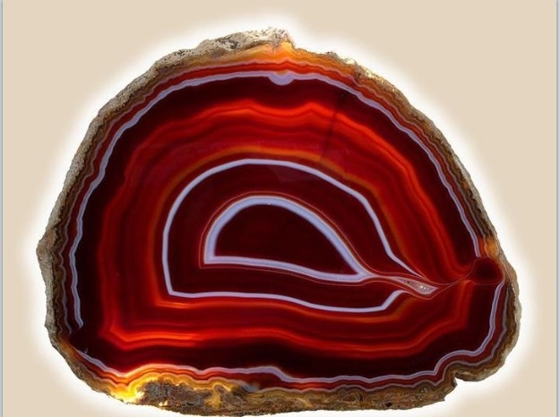 a polished slice of agate, revealing concentric bands of red and white. the stone has a rough outer edge and a smooth, translucent inner area with intricate patterns.