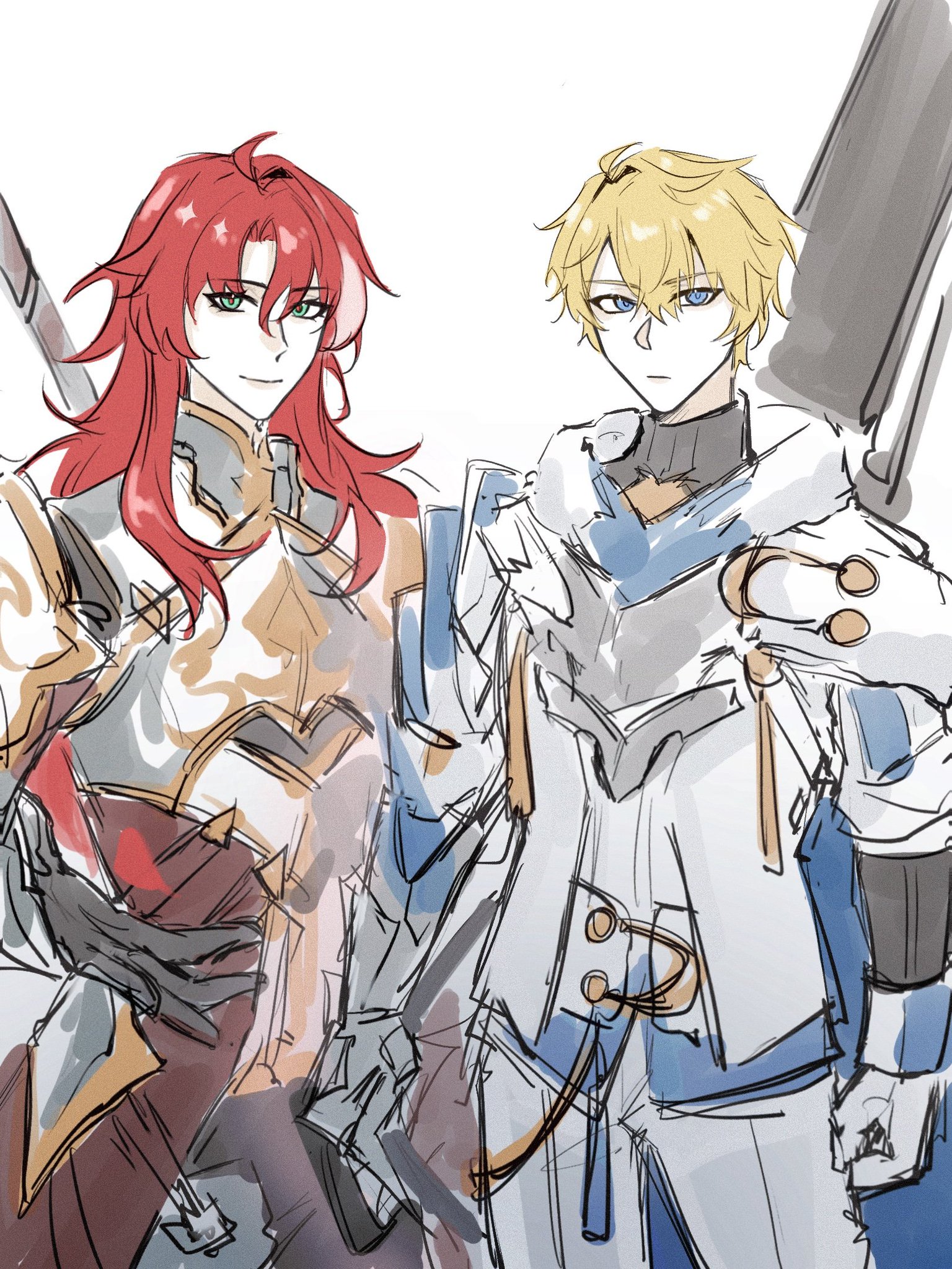 the image is a drawing of two anime characters, both male. they are both wearing armor and holding swords. the character on the left has red hair and is wearing gold armor, while the character on the right has blonde hair and is wearing white armor. they are both looking at the viewer. the background is white. the drawing is in a sketch style and is slightly blurry. the overall tone of the image is cool and heroic.