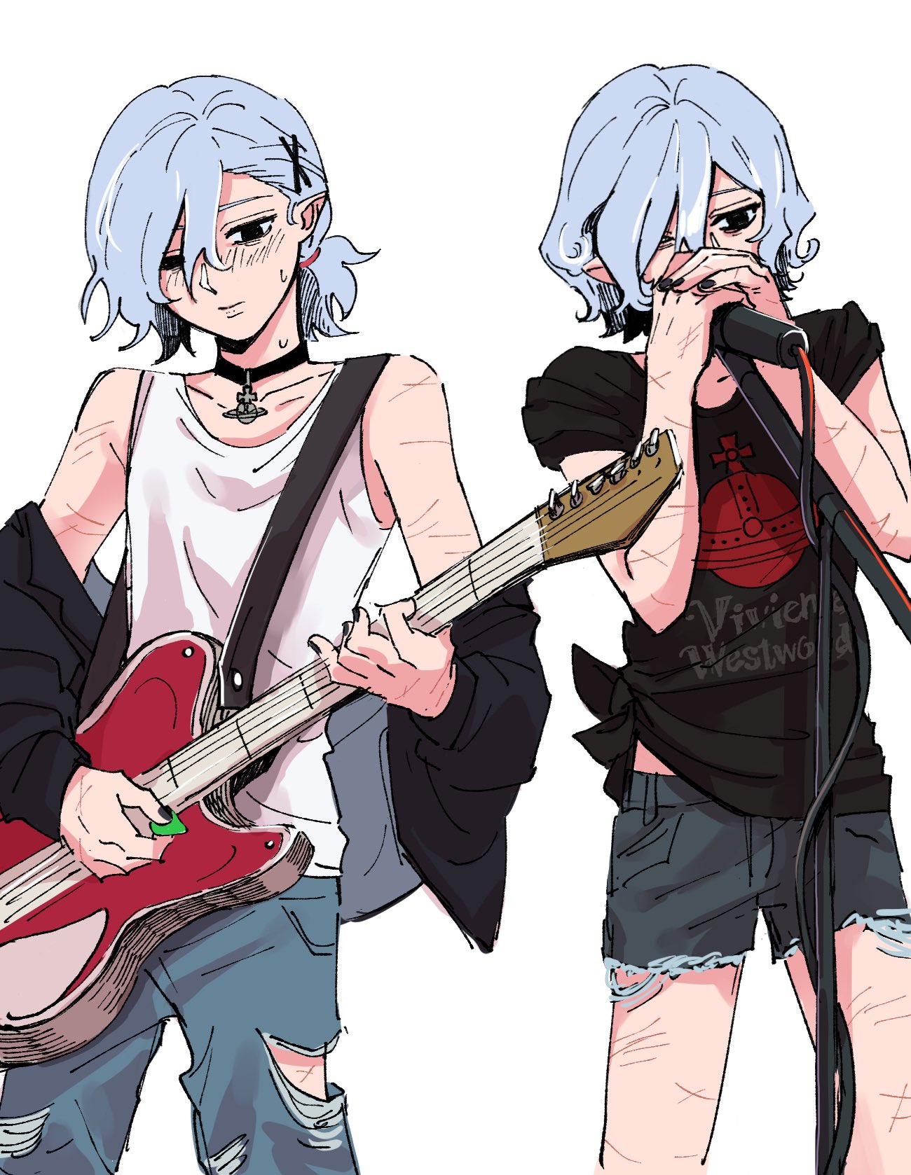the image features a digital drawing or illustration of an animestyle female character, seemingly a rocker or punk musician.  the image shows two versions of the same character; one playing an electric guitar, and another holding a microphone. both are wearing ripped jeans and short shorts, and have pale skin and short blue hair.  they have several visible scars on their arms and legs, hinting at selfharm. the guitarist is wearing a white tank top, while the character at the microphone sports a black tshirt with what seems to be "vivienne westwood" written on it, suggesting a possible brand or design reference. the overall style is reminiscent of manga or anime art, with a focus on expressive linework and a slightly rough, sketchy texture.