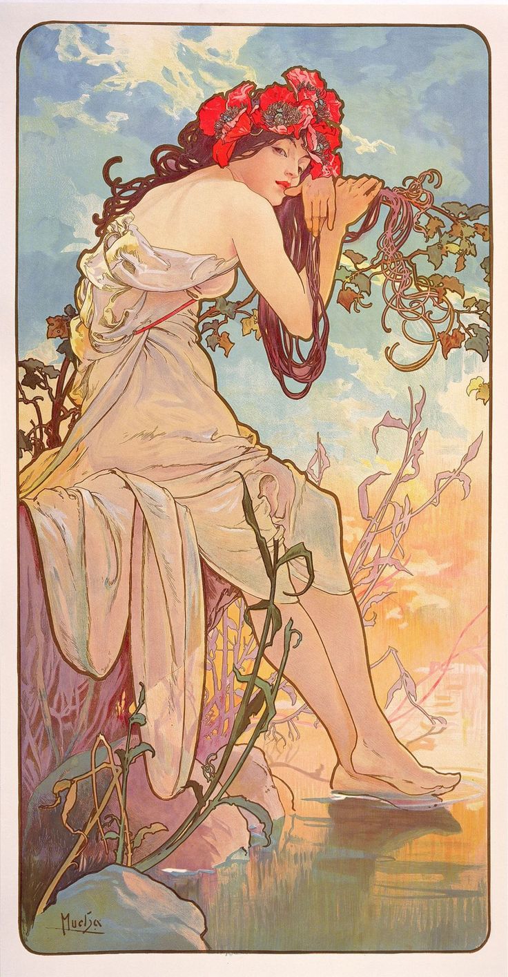the image is a reproduction of a classic art nouveau poster by alphonse mucha.  it depicts a beautiful young woman, possibly a nymph or goddesslike figure, adorned with a crown of red poppies. she is seated on a rock by a tranquil river or stream, her flowing, diaphanous gown pooling around her. her long dark hair cascades down her back. the colors are soft pastels, creating a dreamy, ethereal atmosphere. the background features a sunset or twilight sky and stylized plants and foliage, typical of mucha's work.  the woman's pose and expression are serene and contemplative, contributing to the overall sense of peace and beauty. the style is highly characteristic of mucha's decorative and graceful art nouveau aesthetic.