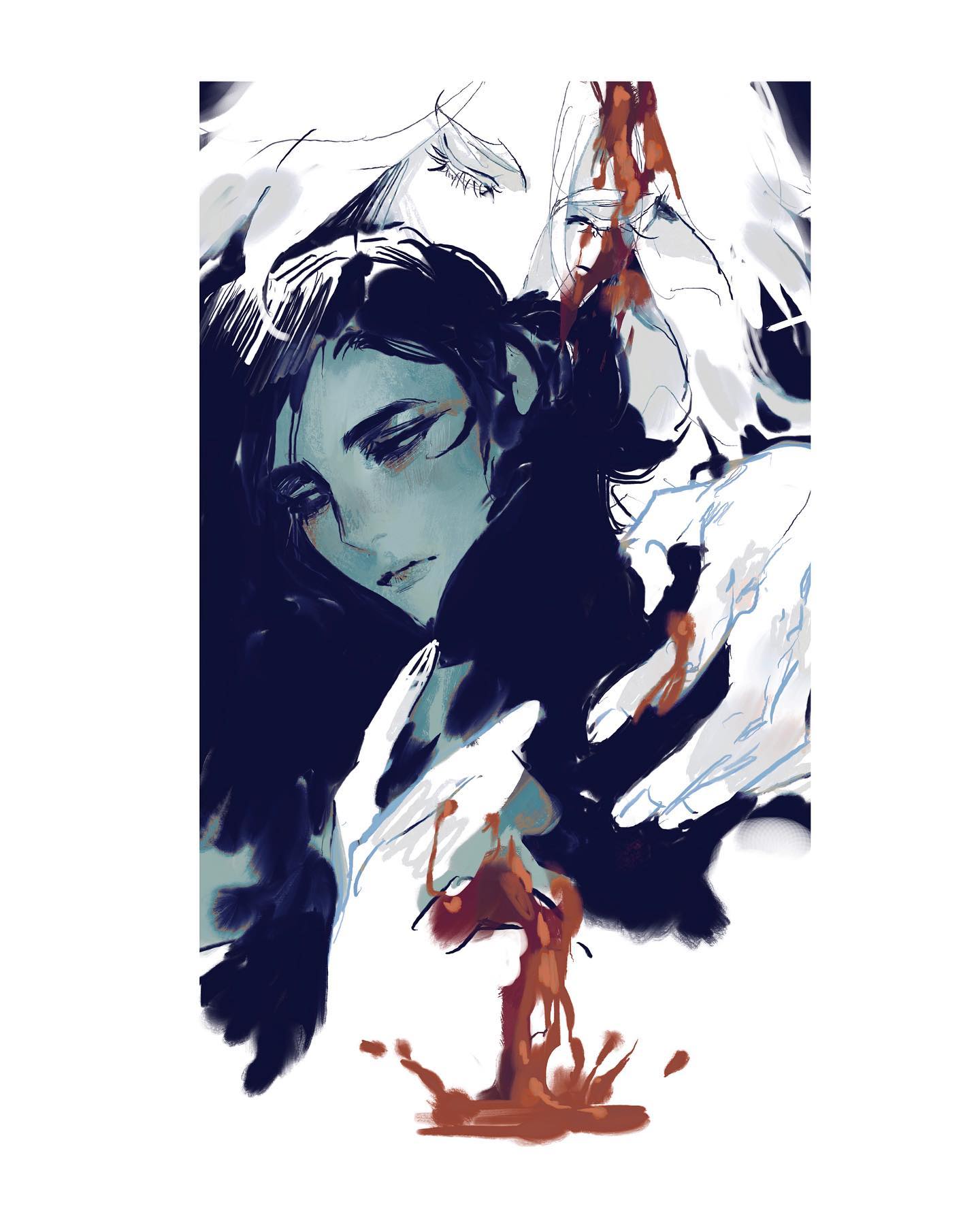 the image is a digital art illustration of a woman being held by another figure. the woman is shown with her eyes closed, her face contorted in pain, and her body covered in blood. the figure holding her is also shown with blood on their hands and face. the image is dark and dramatic, and it conveys a sense of tragedy and despair.