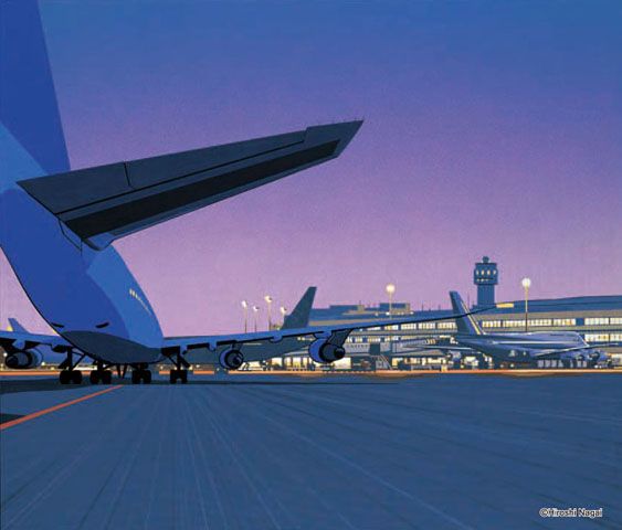 this illustration depicts an airport at dusk, with the silhouette of an airplane in the foreground. the aircraft is positioned on the tarmac, with a smaller airplane behind it, and a control tower in the background. the sky is a mixture of blue and orange, with the sun setting in the distance. the overall feel of the image is one of calm and serenity.