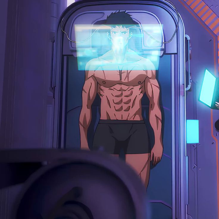 a muscular, scarred man with short black hair stands shirtless in his underwear inside a futuristic medical examination pod. the pod is transparent and features a glowing blue screen displaying information above his head. the background suggests a hightech medical bay, with various pieces of equipment and a cool, bluetoned lighting scheme. the image is cropped to focus on the man, obscuring his lower legs and the surroundings.