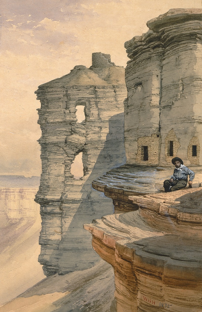 a watercolor painting from 1875 depicts a man in a hat sitting on a cliff overlooking a desert canyon with unique rock formations. one rock formation has ancient dwellings built into it. another rock formation has eroded to form a couple of holes.