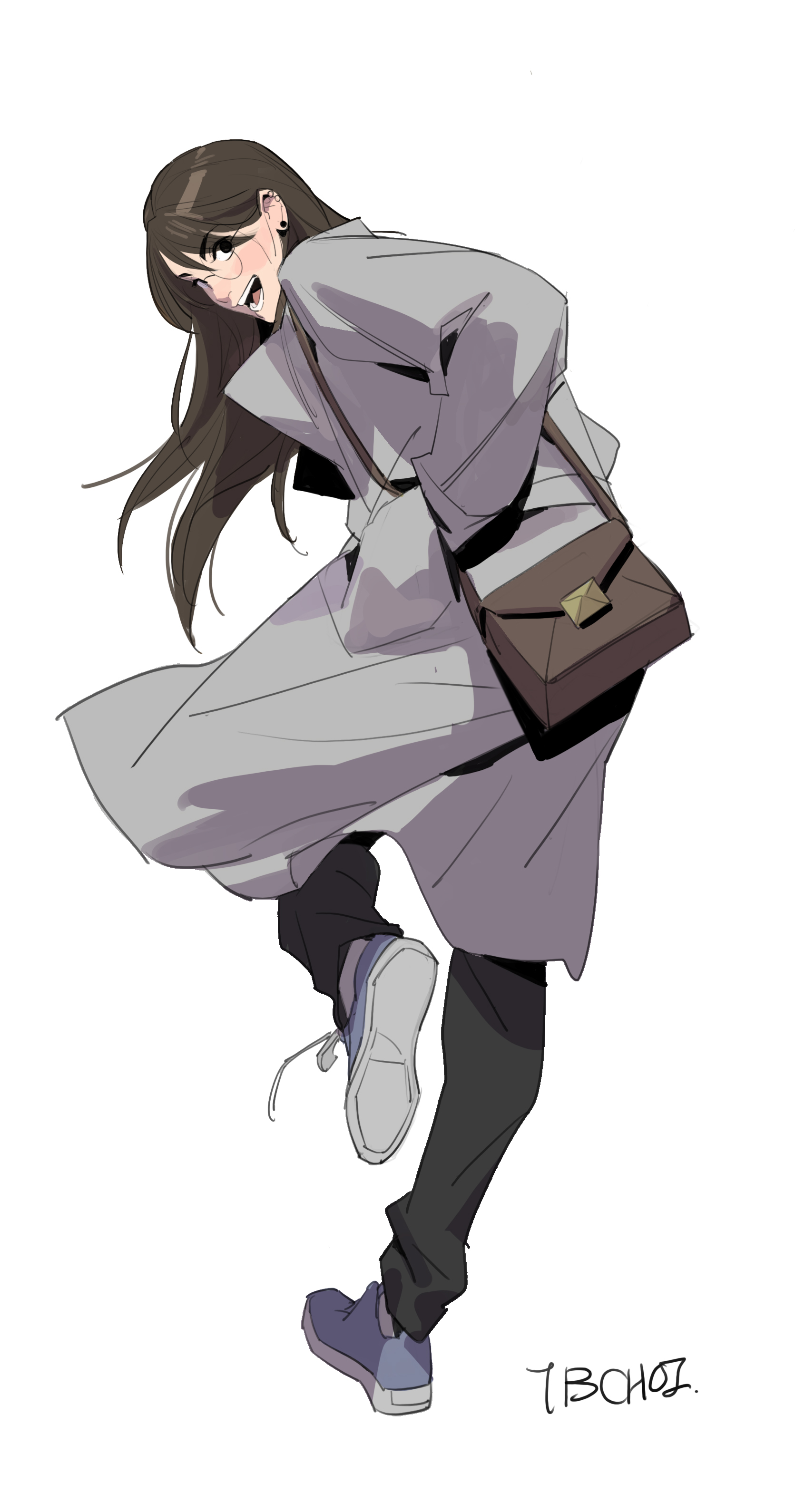 the image is a digital drawing or painting of a young woman, possibly an anime or manga style character. she is depicted in a dynamic pose, seemingly midstride, her long brown hair flowing behind her.  she's wearing a long, loose grey coat, dark pants, and blue sneakers. a brown shoulder bag hangs across her body. her expression is one of happiness or excitement. the style is modern and trendy, with a focus on dynamic linework and soft color shading. the background is plain white. the artist's signature or watermark "tbchoi" is visible in the bottom right corner.