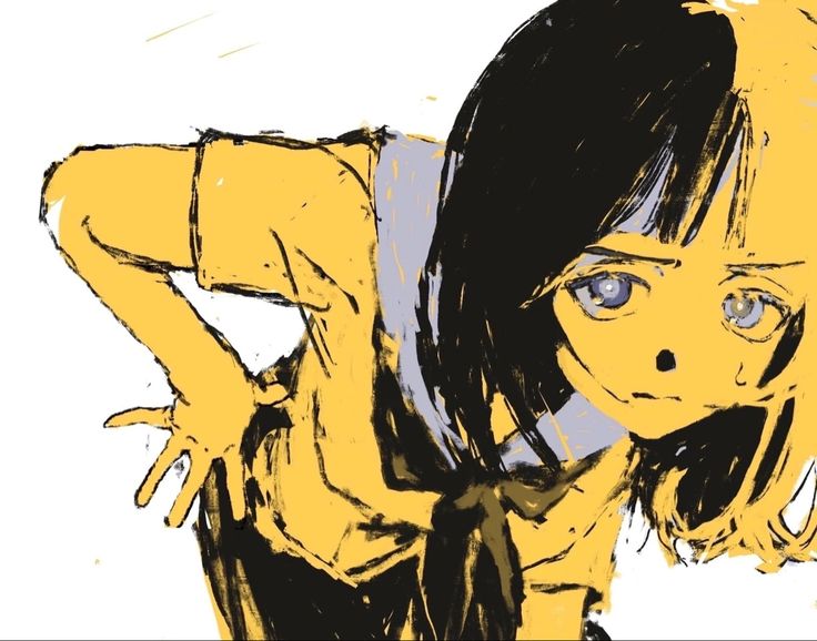a digital illustration of an anime girl with black hair and a yellow shirt. she is drawn in a sad pose, with her head down and her eyes closed. she looks to be on the verge of tears.