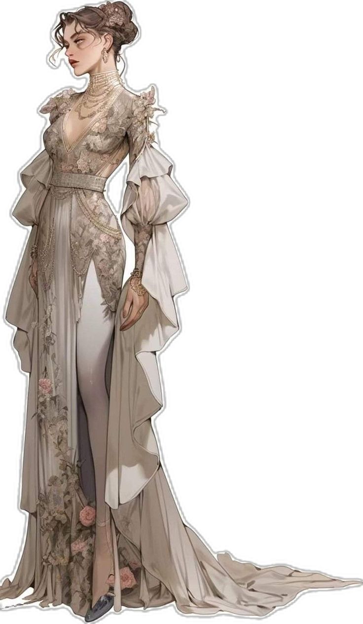 a woman in a long, elegant, white dress with floral patterns. her dress has long sleeves and a flowing train. she has a delicate and feminine appearance. the image is done in a style similar to anime or manga, and she has a slightly stylized appearance.