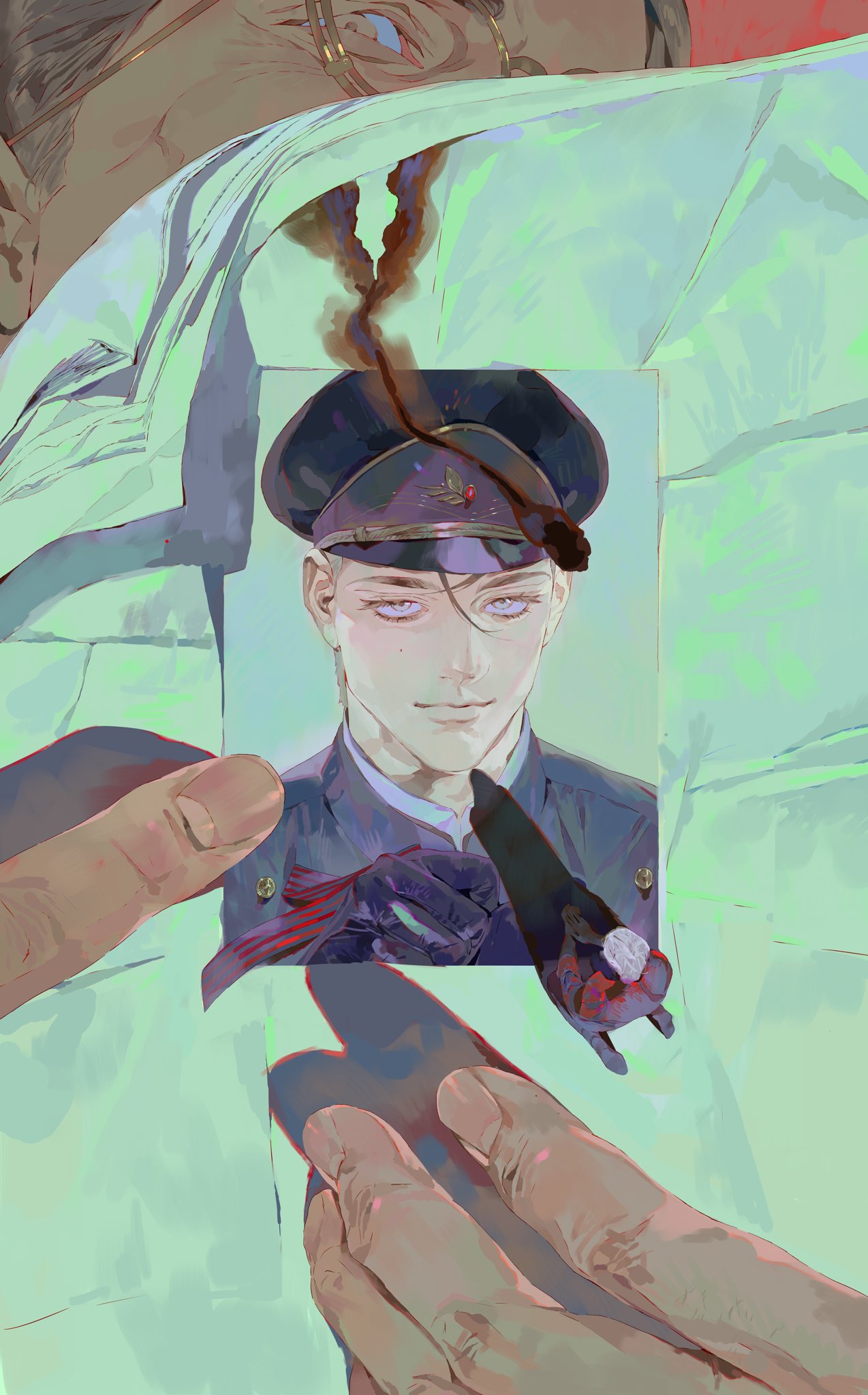 an illustration shows a man's hands holding a burning photo of a man in a military uniform and hat. the man in the photo is holding a gun. there is smoke rising from the photo. in the background, we see part of another person's face and shoulder. they wear glasses and a white collared shirt.