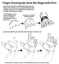 a drawing tutorial explains how to draw hands by first sketching the fingernails.