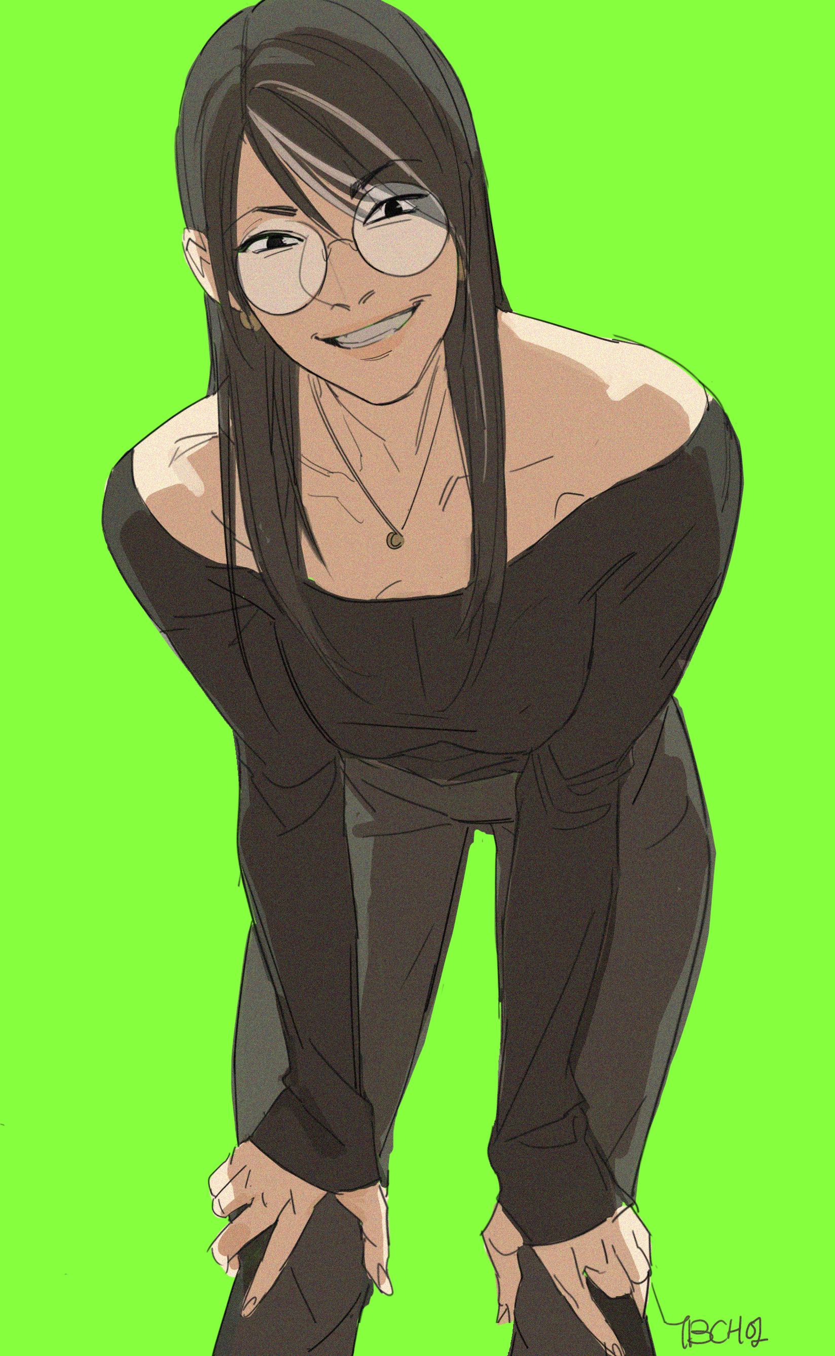 a digital drawing of an animestyle girl with long dark hair, wearing glasses and a black offshoulder top. she's smiling and bending slightly, looking directly at the viewer. the background is a bright, lime green. the style is casual and stylish. the artwork is detailed with visible brushstrokes and shading.