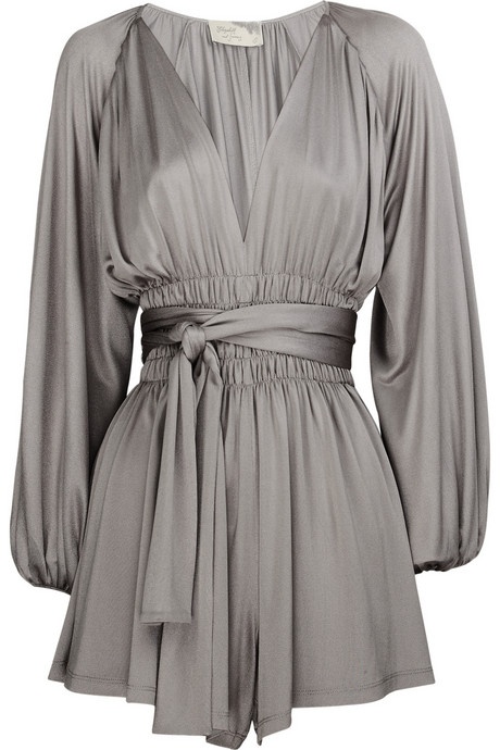 a grey romper with long sleeves, a vneck, and a tie waist. the waist is elastic.