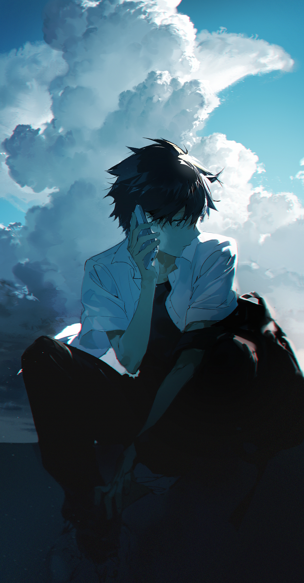 an animestyle illustration depicts a young man sitting against a backdrop of a cloudy sky. he has dark, spiky hair and wears a white, unbuttoned shirt over a black undershirt. he is holding a smartphone to his ear, seemingly engaged in a phone call. the sky behind him is filled with fluffy white clouds and patches of blue. sunlight illuminates the scene, creating soft shadows and highlights on the man and the clouds. the overall style is detailed and painterly, with a soft, slightly desaturated color palette.