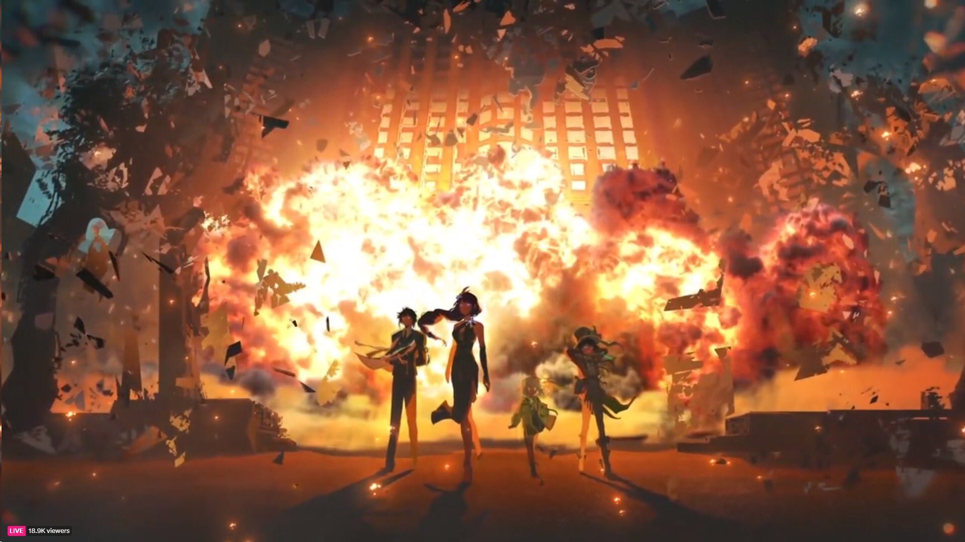 the image shows a group of anime characters standing in front of a massive explosion. they are silhouetted against the flames and smoke. the characters are all wearing different outfits and have different hairstyles. there is a city in the background. the image appears to be taken from a game or anime series.
