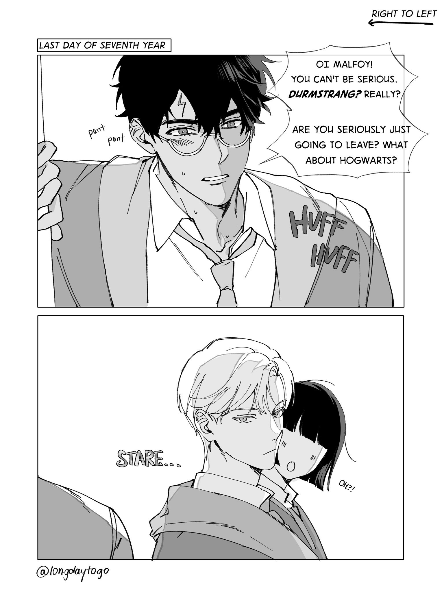 he image is a mangastyle comic depicting a scene seemingly from the harry potter universe. the first panel shows a character resembling draco malfoy, with glasses and a lightning bolt scar, looking distraught and speaking. the text bubbles indicate he's leaving hogwarts for durmstrang, causing others to react. the second panel shows another character, possibly a friend, staring in disbelief and a third character showing surprise. the overall tone is dramatic and emotional, suggesting a significant moment of farewell between friends. the art style is clean and expressive, using simple lines and shading to convey emotion. the text is incorporated seamlessly into the panels, adding to the narrative.  the style is reminiscent of modern webcomics and incorporates emotional expressions and body language effectively.