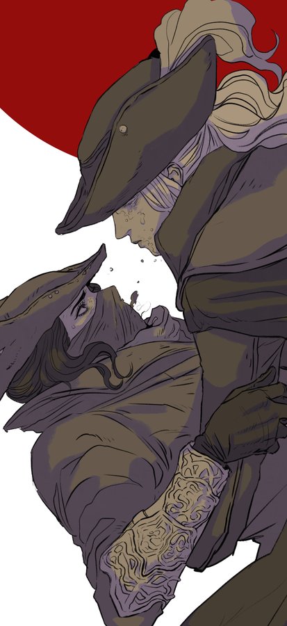the image depicts fan art of characters from the video game bloodborne. lady maria of the astral clocktower is shown cradling and embracing the hunter. lady maria is wearing her iconic tricorn hat and attire. the hunter is veiled and seems injured. the scene conveys grief, compassion, and a sense of protection. the style is reminiscent of a comic book or graphic novel illustration.