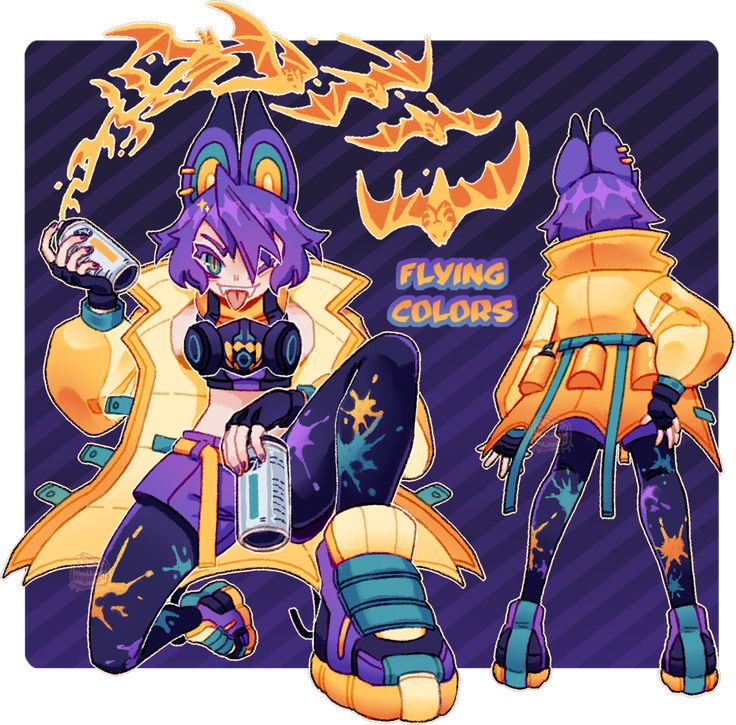 this animestyle illustration showcases a young female character with vibrant, colorful attire. she is wearing a yellow jacket, purple pants, and shoes with a mix of blue, green, and orange accents. the character is holding a spray paint can in each hand and has a playful look on her face. she has long purple hair, a black gas mask, and splatter patterns on her pants and shoes, creating a cool and dynamic aesthetic. the background features several abstract orange bat silhouettes, adding to the overall playful and artistic vibe.