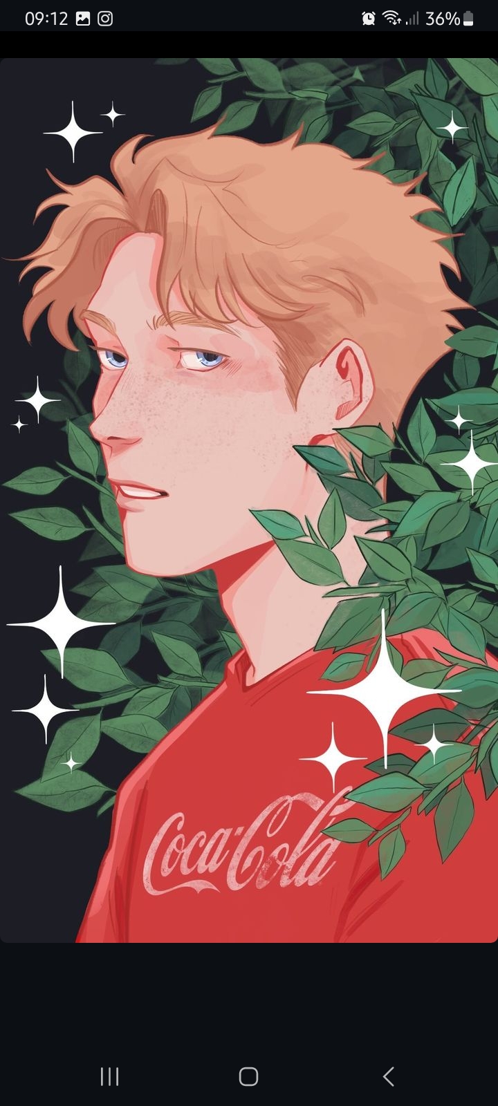 the illustration features a young man with blond hair and blue eyes, set against a backdrop of stylized foliage and sparkling lights. he wears a red cocacola shirt, further emphasizing the vibrant red hues prominent in the artwork. the style is reminiscent of anime or manga, with a focus on sharp linework and dramatic lighting.  the dark background and sparkling accents create a sense of depth and atmosphere.