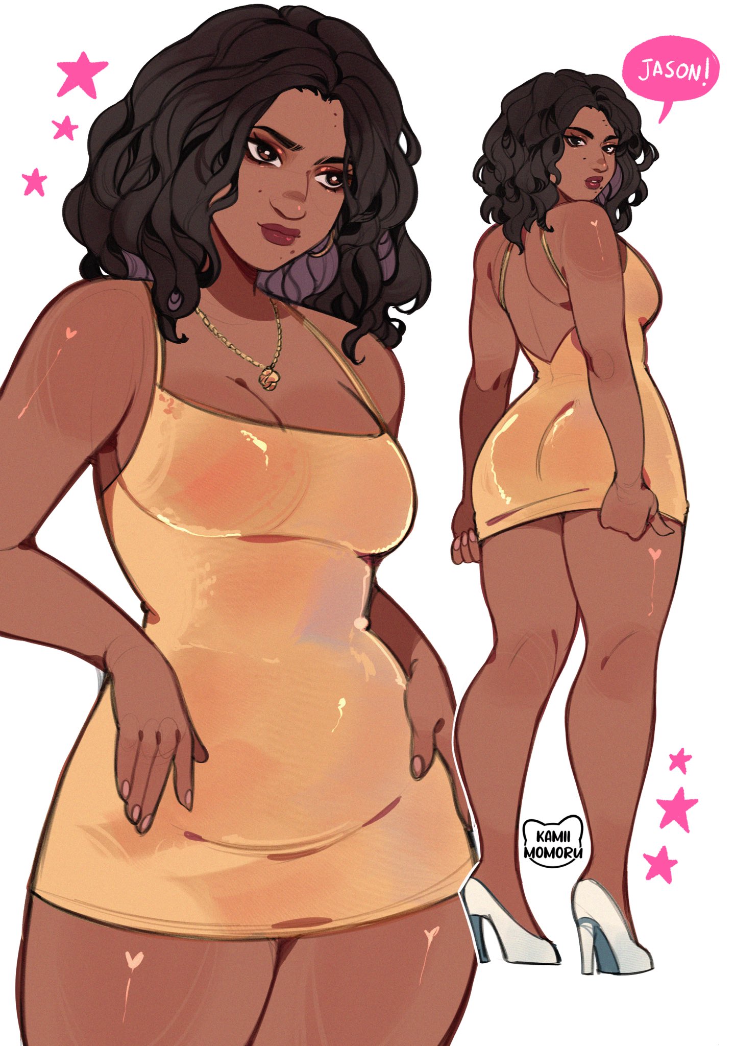 the image shows a cartoon drawing of a tanskinned woman with curly black hair wearing a yellow dress, gold necklace, and white heels. the drawing is in a comic book style. there are pink stars around her, and a speech bubble with the name "jason!" in it. the drawing also has the signature "kami momoru".