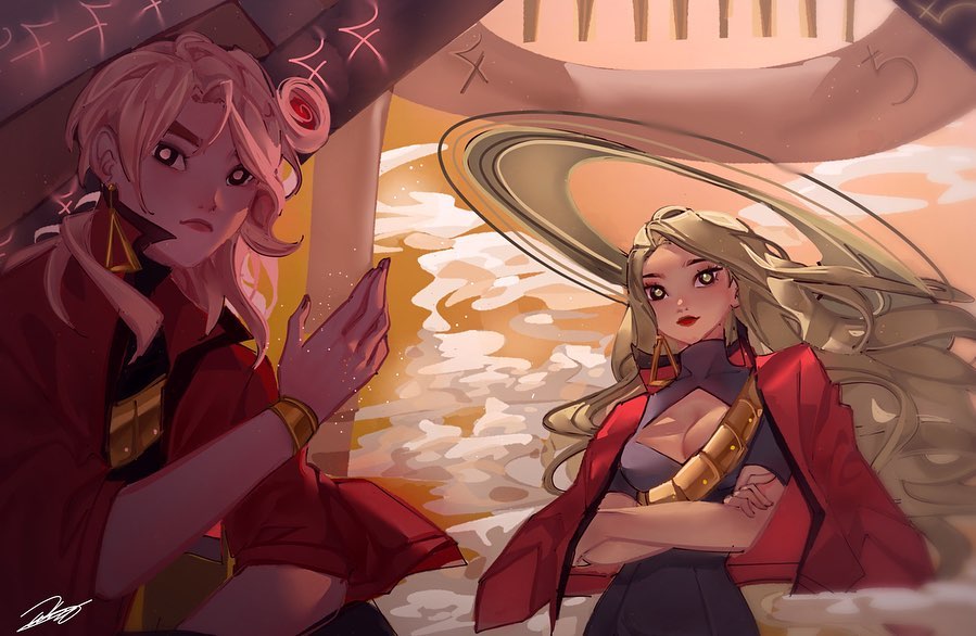 the image is a digital illustration featuring two animestyle female characters. they are dressed in elegant, red outfits adorned with gold accents. one has long blonde hair and the other has pink hair styled in an updo. both women possess confident poses and striking features. the background showcases a mystical and atmospheric setting with planets, clouds, and symbols suggesting a magical or celestial theme.  the art style is highly stylized, with a focus on color and mood. the overall impression is one of power and elegance in a fantastical setting.