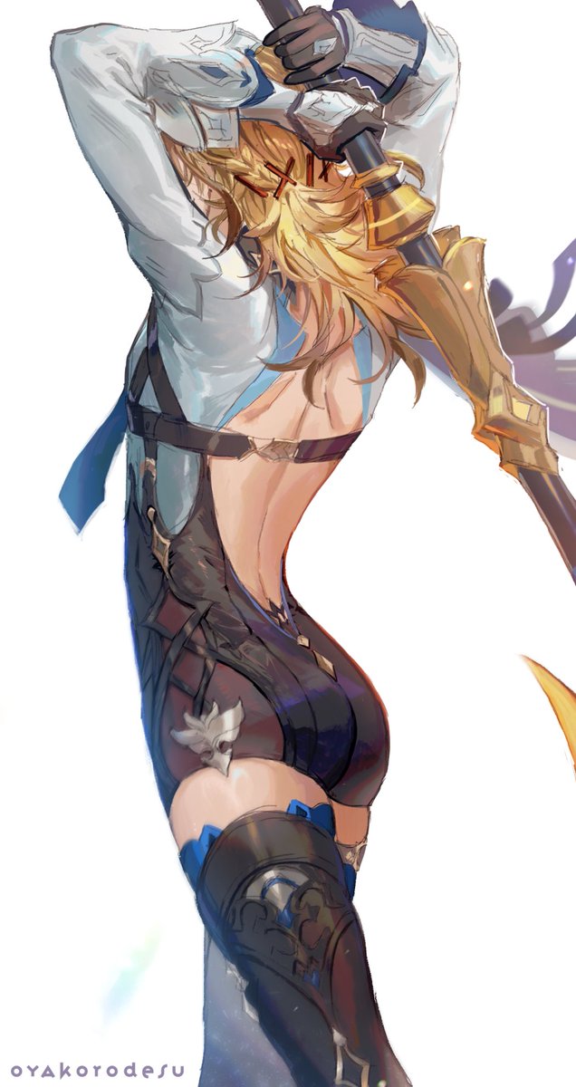 a drawing of a female anime character with blonde hair and a blue and white outfit, holding a large golden sword with her back to the camera. the character is posing in a dynamic action pose, and the art style is digital.
