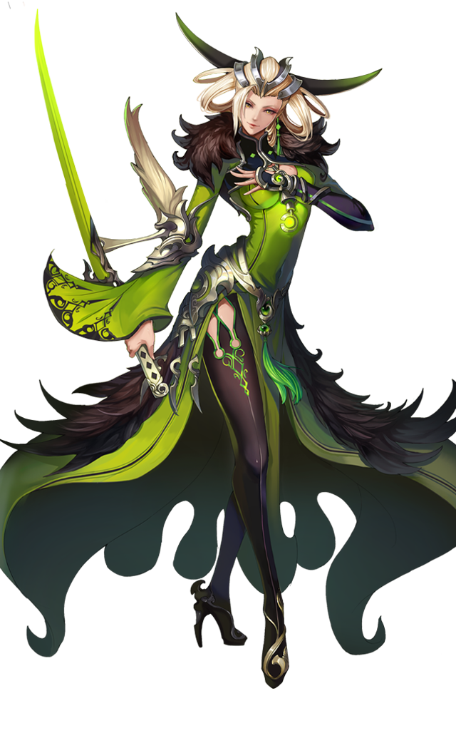 a woman in a green and yellow dress with a sword, she is wearing an armor, standing in an attacking stance, she is from an anime, manga, or video game.