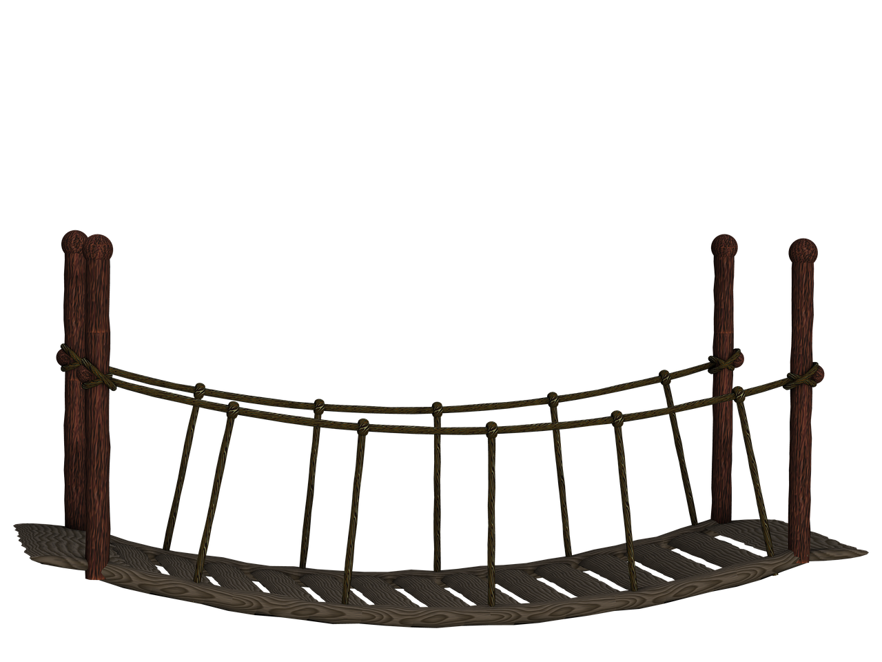 a rope bridge with two wooden posts on each side, connected by ropes forming a suspension bridge. the planks of the bridge are made of wood. the background is black.